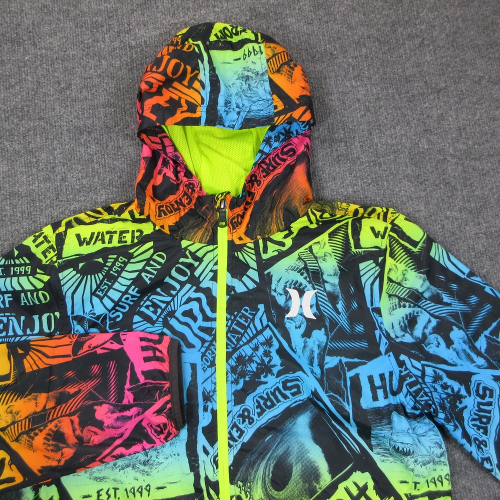 Hurley Windbreaker Jacket Boys XL Multi Color Neon Surf Graphic Skater Zip Up